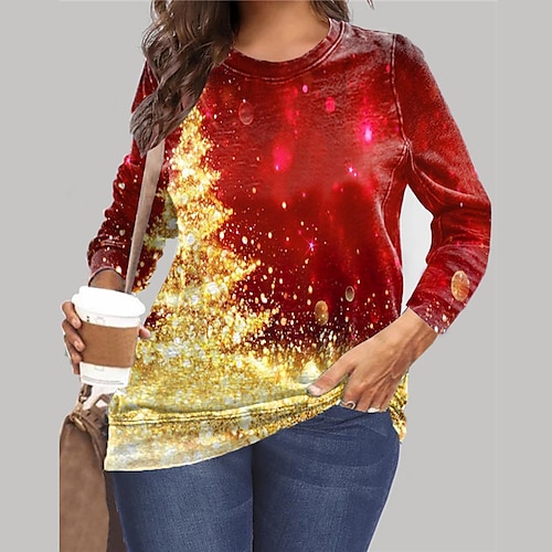 

Women's Plus Size Christmas Tops Pullover Sweatshirt Letter Deer Print Long Sleeve Casual Daily Microfiber Winter Fall Green Gold