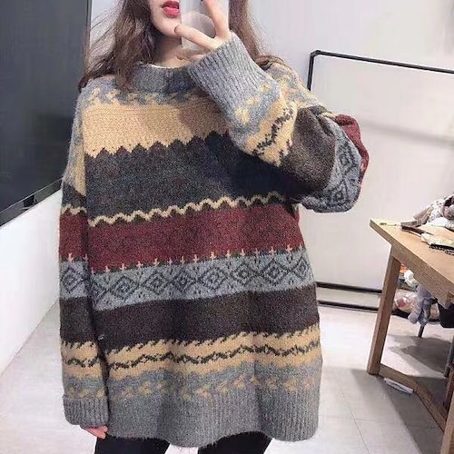 

Women's Ugly Christmas Sweater Jumper Waffle Knit Hollow Out Striped Crew Neck Casual Party Christmas Winter Fall Khaki Gray One-Size