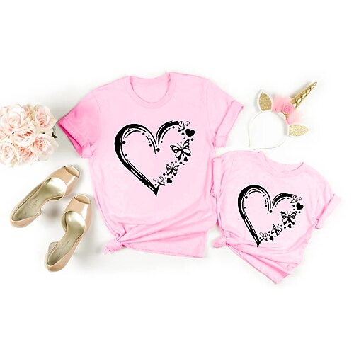 

Mommy and Me Christmas T shirt Butterfly Heart Casual Crewneck Pink Short Sleeve Cute Matching Outfits