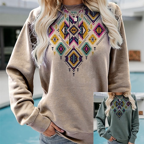

Women's Print Fashion Round Neck Standard Spring, Fall, Winter, Summer Green Khaki