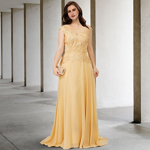 

A-Line Plus Size Curve Mother of the Bride Dresses Elegant Dress Formal Sweep / Brush Train Sleeveless Jewel Neck Chiffon with Beading Appliques 2022