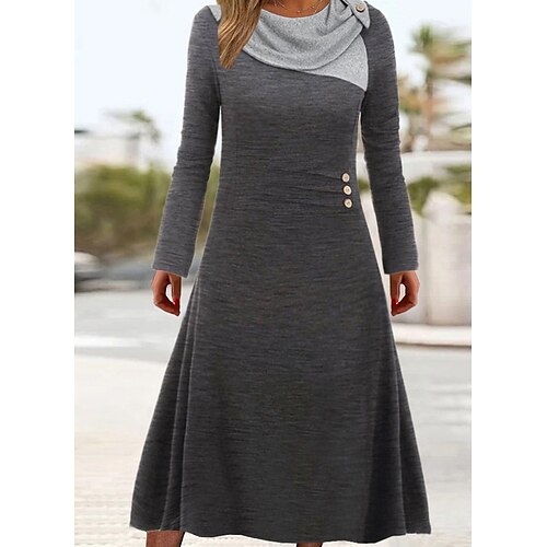 

Women's Casual Dress Midi Dress Dark Gray Long Sleeve Color Block Patchwork Winter Fall Spring Crew Neck Stylish Vacation Weekend 2022 S M L XL XXL 3XL