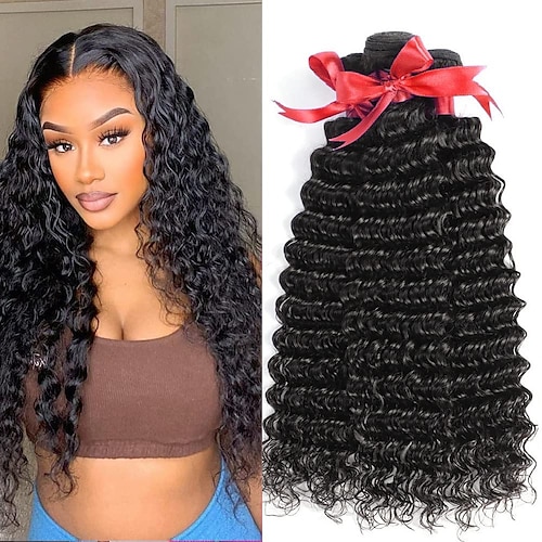 

10A Deep Wave Bundles Human Hair 20 22 24 Inch Brazilian Deep Wave Human Hair Bundles 100% Unprocessed Virgin Curly Wet and Wavy Human Hair Weave Bundles