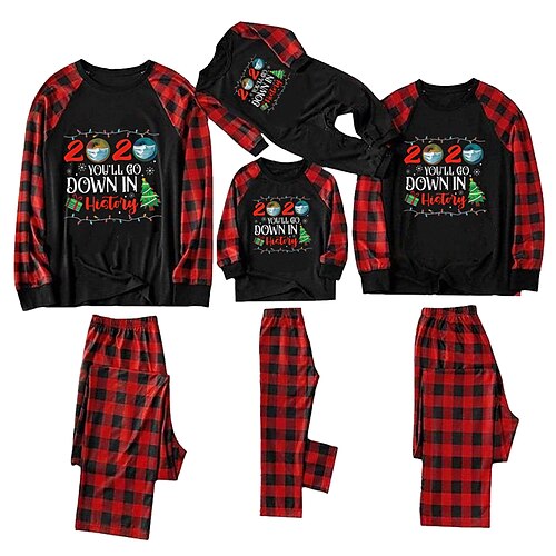 

Christmas Pajamas Family Plaid Letter Christmas Tree Home Black Long Sleeve Basic Matching Outfits