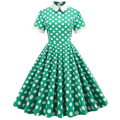 

Women's Casual Dress Vintage Dress Swing Dress Midi Dress Yellow Red Green Half Sleeve Polka Dot Button Spring Fall Winter Shirt Collar Fashion Vacation Fall Dress Summer Dress 2023 S M L XL 2XL