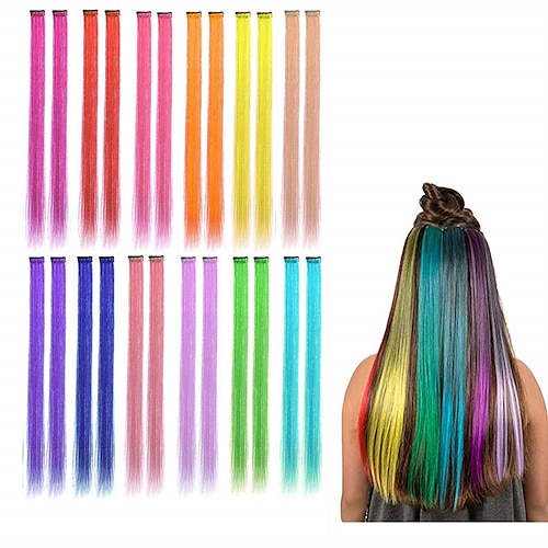 

24 piezas de extensiones de cabello de colores Clip colorido de 20 pulgadas en extensiones de cabello fiesta de arco iris destaca la pinza de pelo liso en postizos sintéticos cosplay fiesta accesorios