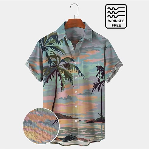 

Men's Shirt Coconut Tree Graphic Prints Turndown Blue 3D Print Outdoor Street Short Sleeves Button-Down Print Clothing Apparel Tropical Fashion Casual Hawaiian
