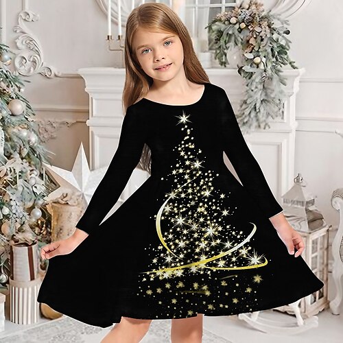 

Kids Girls' Christmas Dress Christmas Tree Casual Dress Above Knee Dress Christmas Gifts Crewneck Crew Neck Long Sleeve Adorable Dress 3-10 Years Winter Silver Blue Gold