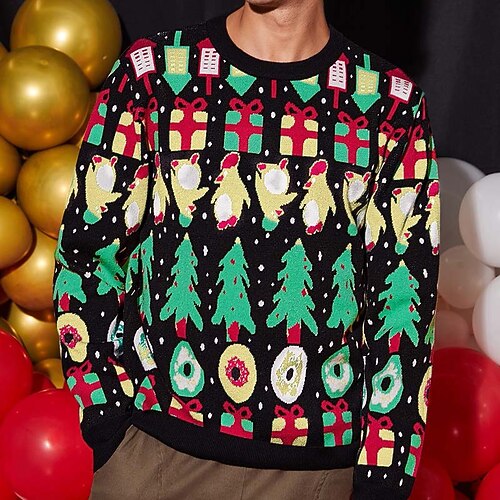 

Men's Sweater Ugly Christmas Sweater Pullover Sweater Jumper Ribbed Knit Cropped Knitted Tree Crew Neck Keep Warm Modern Contemporary Christmas Work Clothing Apparel Fall & Winter Black S M L
