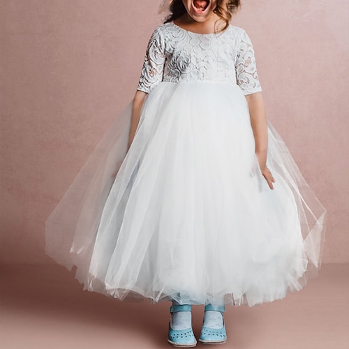 

Wedding Party Princess Flower Girl Dresses Jewel Neck Floor Length Satin Tulle with Buttons Appliques Tutu Cute Girls' Party Dress Fit 3-16 Years