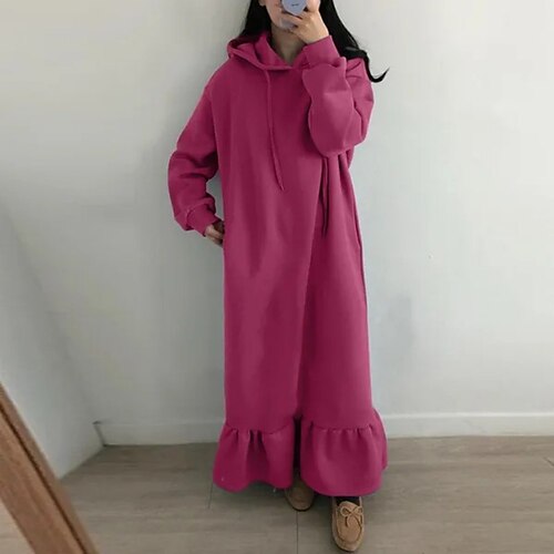 

Women's Casual Dress Hoodie Dress Shift Dress Long Dress Maxi Dress Black Blue Brown Long Sleeve Pure Color Ruffle Winter Fall Autumn Hooded Fashion Daily Vacation Weekend 2022 S M L XL 2XL 3XL 4XL