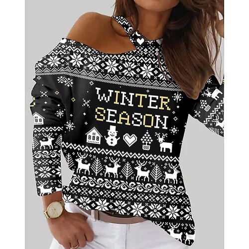 

Women's T shirt Tee Black White Snowflake Reindeer Print Long Sleeve Christmas Weekend Basic One Shoulder Regular Painting S