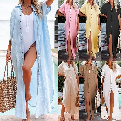 

Women's Spring And Summer New Beach Skirt Mid-length Blue Green White Pink Khaki V-neck Single-breasted Cardigan Beach Dress 2022 S M L XL XXL