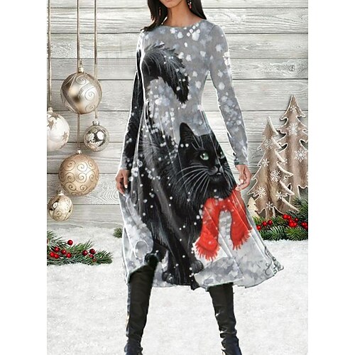 

Women's Casual Dress Swing Dress Midi Dress Blue Gray White Long Sleeve Animal Pocket Winter Fall Autumn Fashion Wedding Christmas Daily 2022 S M L XL XXL 3XL