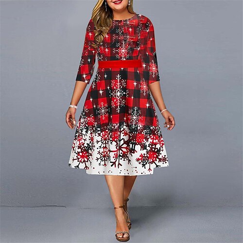 

Women's Plus Size Christmas Work Dress Plaid 3/4 Length Sleeve Winter Fall Stylish Midi Dress Work Dress