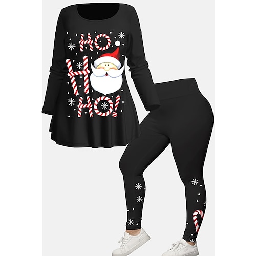 

Women's Plus Size Tops Christmas Set Graphic Santa Claus Print Long Sleeve Crew Neck Casual Vacation Polyester Winter Fall Black Blue