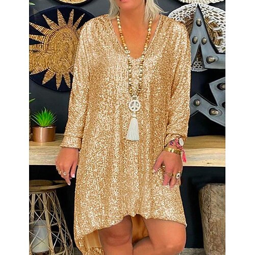 

Women's Plus Size Sequin Dress Pure Color V Neck Long Sleeve Winter Fall Stylish Mini Dress Daily Weekend Dress