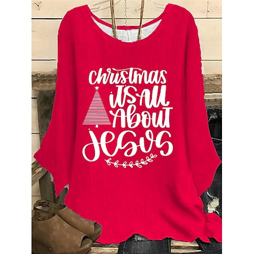 

Women's Plus Size Christmas Tops Blouse Shirt Letter Christmas Tree Print Long Sleeve Casual Daily Polyester Winter Fall Red White