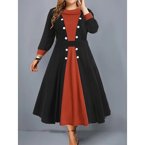 

Women's Plus Size Casual Dress Color Block Crew Neck Long Sleeve Winter Fall Elegant Modern Midi Dress Daily Going out Dress