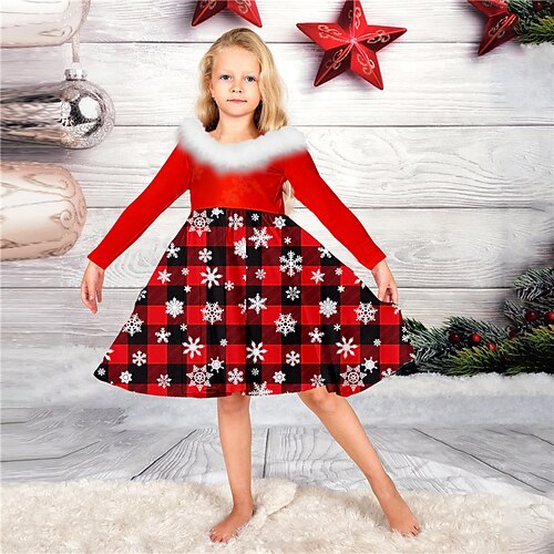 

Kids Girls' Ugly Christmas Dress Plaid Casual Dress Above Knee Dress Christmas Gifts Fur Trim Long Sleeve Adorable Dress 2-13 Years Winter Wine White