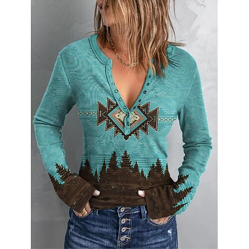 

Women's Blouse Shirt Green Geometric Button Print Long Sleeve Casual Ethnic V Neck Regular Geometric S