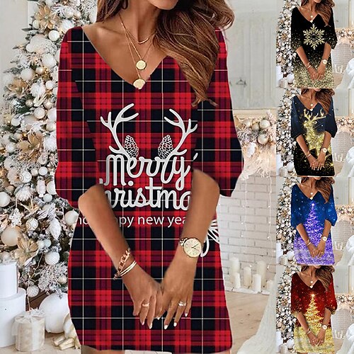 

Women's Christmas Sweatshirt Dress Winter Dress Short Mini Dress Red 3/4 Length Sleeve Plaid Letter Print Fall Winter V Neck Vacation Casual 2022 S M L XL XXL 3XL