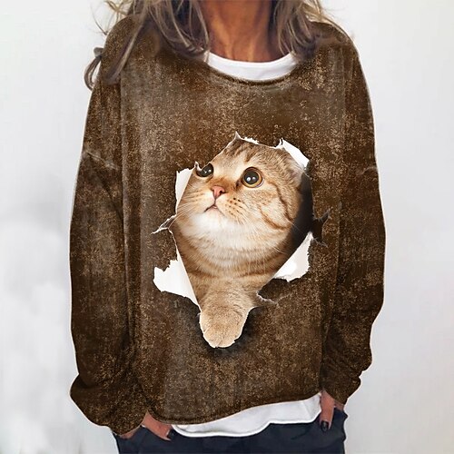 

Women's Sweatshirt Pullover Basic Green Blue Khaki Cat Street Round Neck Long Sleeve S M L XL 2XL