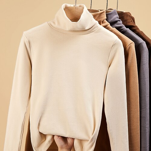 

Women's T shirt Tee Patchwork Solid / Plain Color Classic High Neck Regular Spring & Fall Black Blue Khaki Dark Coffee Dark Gray