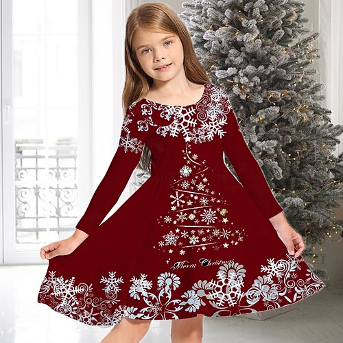 

Kids Girls' Christmas Dress Snowflake Casual Dress Above Knee Dress Christmas Gifts Crewneck Crew Neck Long Sleeve Adorable Dress 2-13 Years Winter Wine Red Rose Red