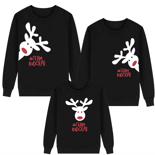 

Family Christmas Sweatshirt Letter Deer Casual Crewneck Black Red Long Sleeve Daily Matching Outfits