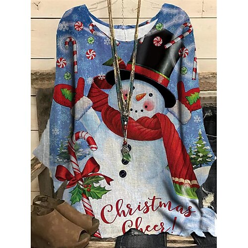 

Women's Plus Size Christmas Tops Blouse Shirt Santa Claus Snowman Print Long Sleeve Casual Festival Daily Polyester Winter Fall Black Blue