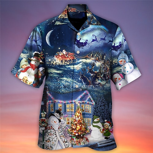 

Men's Shirt Snowman Scenery Graphic Prints Turndown Blue 3D Print Christmas Street Short Sleeve Button-Down Print Clothing Apparel Fashion Designer Casual Breathable