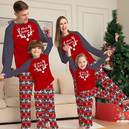 

Christmas Pajamas Family Letter Elk Home Red Long Sleeve Basic Matching Outfits