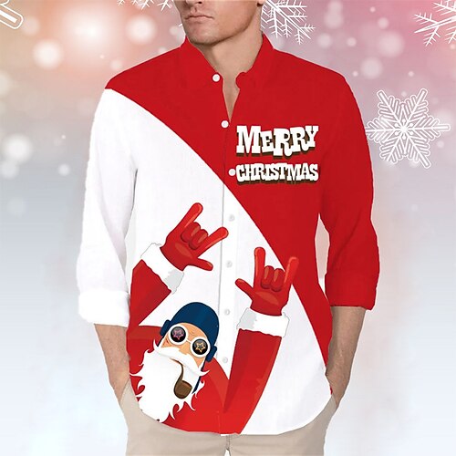 

Men's Shirt Letter Santa Claus Turndown Red 3D Print Outdoor Christmas Long Sleeve Button-Down Print Clothing Apparel Fashion Designer Casual Breathable