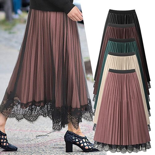 

Women's A Line Maxi Polyester Green Black Wine Brown Skirts Lace Pleated Casual Casual Daily M L XL