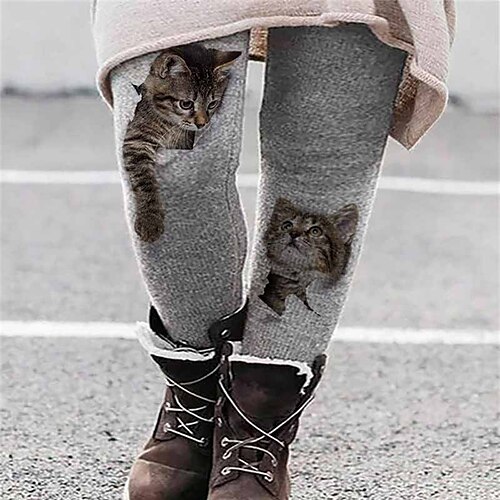 

Women's Plus Size Fleece Pants Pants Trousers Print Animal Cat Cat Casual Daily Holiday High Full Length Winter Fall Light Grey Dark Gray Gray XL XXL 3XL 4XL 5XL