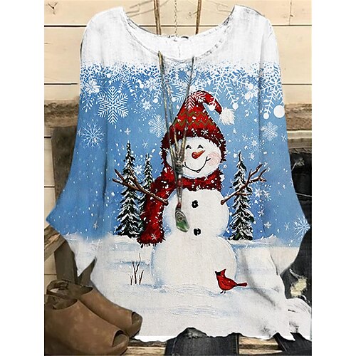 

Women's Plus Size Christmas Tops Blouse Shirt Snowman Tree Print Long Sleeve Crew Neck Casual Festival Daily Polyester Winter Fall Light Blue Blue