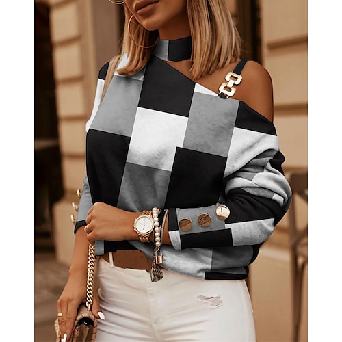 

Women's Blouse Shirt Black Red Beige Color Block Zipper Cut Out Long Sleeve Casual Weekend Basic High Neck Regular Geometric S