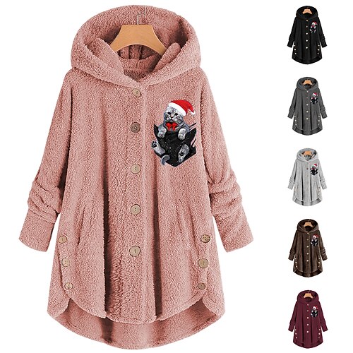 

Women's Plus Size Christmas Fleece Jacket Teddy Coat Warm Button Pocket Animal Cat Hat Outdoor Long Sleeve Hooded Regular Winter Fall Black Pink Wine L XL XXL 3XL 4XL