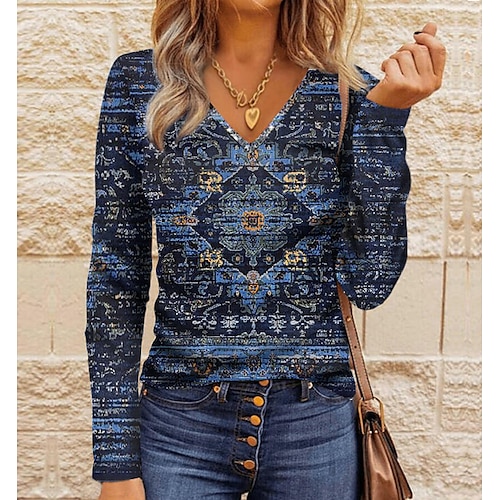 

Women's T shirt Tee Blue Geometric Print Long Sleeve Daily Weekend Basic Ethnic V Neck Regular Geometric Painting S