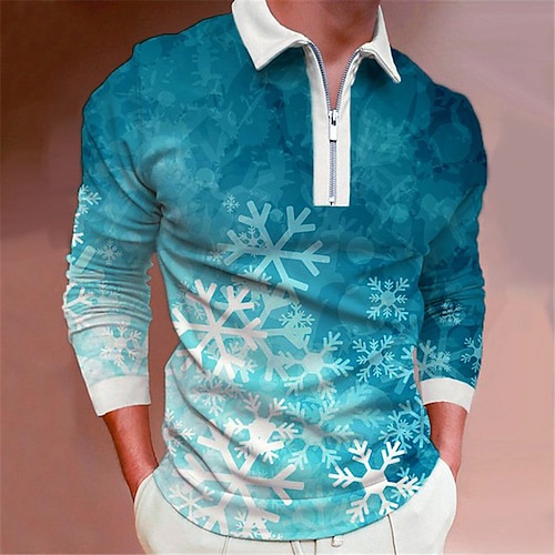 

Men's Collar Polo Shirt Golf Shirt Graphic Prints Snowflake Turndown Blue 3D Print Christmas Street Long Sleeve Zipper Print Clothing Apparel Fashion Designer Casual Soft