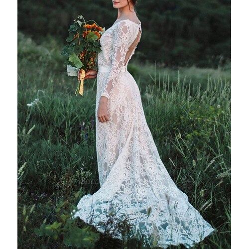 

A-Line Wedding Dresses V Neck Court Train Lace Tulle Long Sleeve Romantic Sexy with Appliques 2022