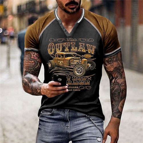 

Men's T shirt Tee Cartoon Color Block Graphic Prints V Neck Blue Brown Coffee Gray 3D Print Outdoor Street Short Sleeve Patchwork Button-Down Clothing Apparel Sports Designer Casual