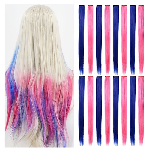 

16 Pcs Blue and Pink Hair Extensions Colored Hair Extensions Clip in Straight Synthetic Holiday Party Highlights 21 inch Colorful Hairpieces for Women Girls Wig Pieces