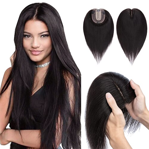 

Human Hair Toppers 8 Inch Remy Clip in Hair Pieces for Women 130% Density 4x4.7 Silk Base Virgin Human Hair Wigs for Thinning Hair/Hair Loss/Greyish Hair