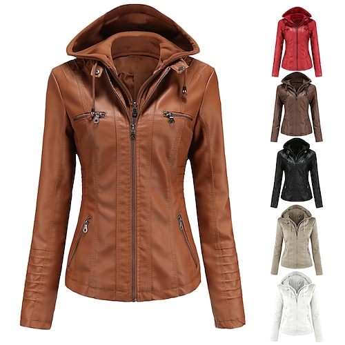 

Women's Faux Leather Jacket Hoodie Jacket Windproof Warm Street Casual Daily Pocket Hoodie Sports Casual Solid Color Regular Fit Outerwear Long Sleeve Winter Fall Black Camel Red S M L XL XXL 3XL