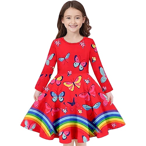 

Kids Girls' Dress Animal Rainbow Butterfly Casual Dress Above Knee Dress Casual Crewneck Crew Neck Long Sleeve Adorable Dress 3-10 Years Winter Red