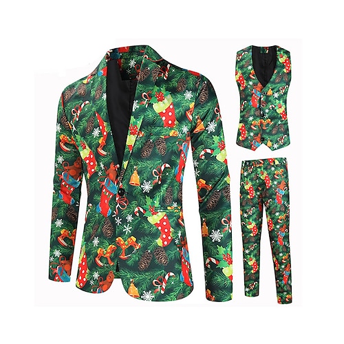 

Dark Green Men's Christmas Suits 3 Piece Patterned Standard Fit Single Breasted One-button 2022