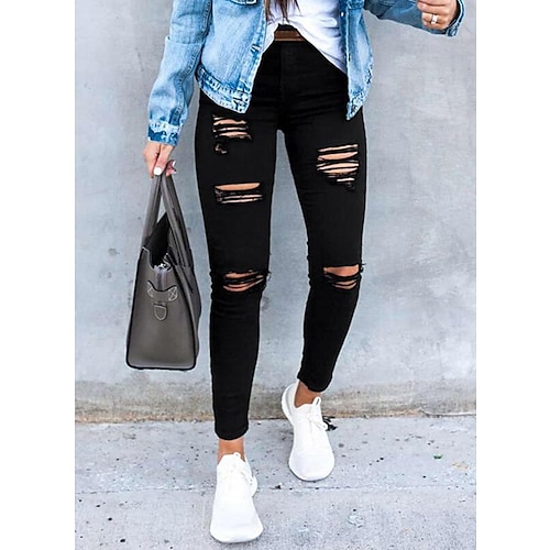 

Women's Skinny Jeans Distressed Jeans Jeggings Denim Black Casual Casual Daily Pocket Ripped Stretchy Full Length Outdoor Solid Colored S M L XL 2XL