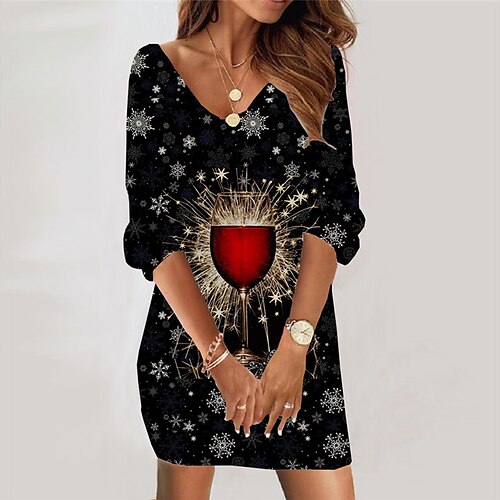 

Women's Sweatshirt Dress Shift Dress Sweat Dress Mini Dress Black 3/4 Length Sleeve Snowflake Print Winter Fall Spring V Neck Fashion Christmas Daily 2022 S M L XL XXL 3XL